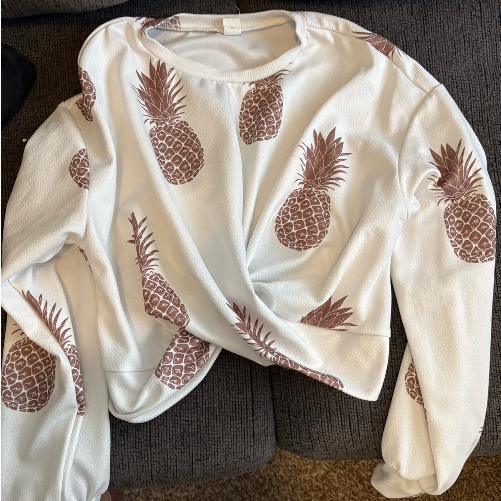 White Pullover Sweatshirt with Brown Pineapple Print
